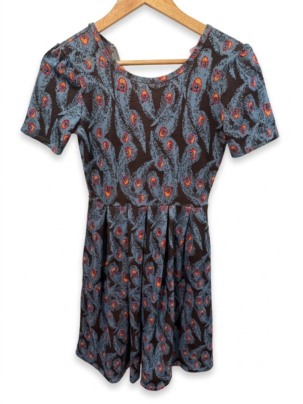 LuLaRoe Amelia Peacock Feather Pleated Dress Blue Brown Size XS